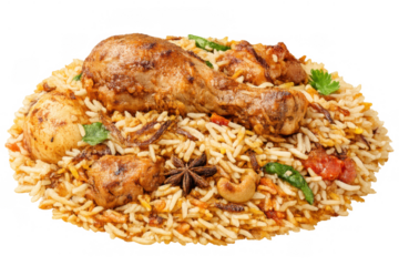 Chicken biryani plate with fragrant basmati rice, marinated chicken, whole spices, and cashews, transparent background