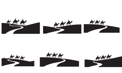 Camel caravan silhouette crossing desert dunes on a winding path, symbolizing travel and adventure.