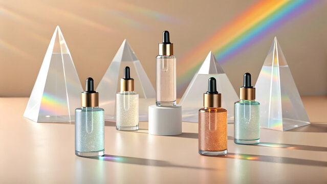 3d hyperreal visualization of beauty bottles arranged with glass pyramids and rainbow light reflections