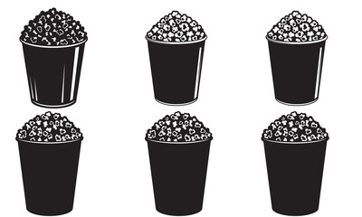 Set of six solid black silhouette vector icons of popcorn buckets, perfect for movie or snack themes.