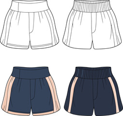 Women elastic waist shorts technical flat illustration set, sportswear loungewear fashion vector isolated on white background apparel