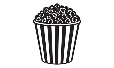 Single black and white vector icon of a classic striped popcorn bucket filled with kernels, isolated on white.