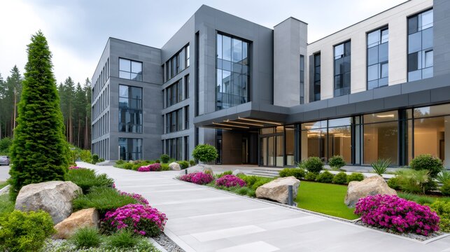 Modern corporate office building exterior with landscaping