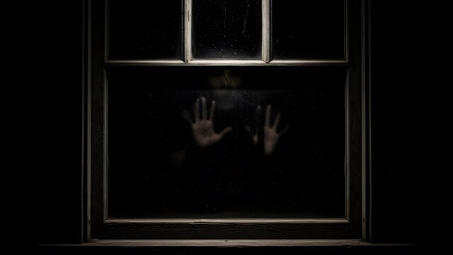 A shadowy figure with hands pressed against a dark window pane, creating a chilling and mysterious horror scene.