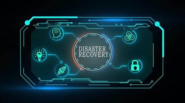 DISASTER RECOVERY concept. Restoring critical systems and data, backup and restoration procedures, proactive planning to mitigate risks and protect against potential disasters. IT system protection