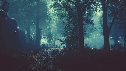 Obraz premium A serene forest scene unfolds at dusk, where warm lights from fireflies dance amidst towering trees. Shadows play gently on the ground, creating a magical atmosphere of calm and wonder.