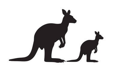 Two black silhouette kangaroos, one adult and one joey, standing side by side on a white background.