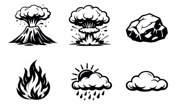 Bold line art nature elements set featuring a volcano eruption, atomic explosion, stone, flames, a sun with rain cloud, and a cloud for environmental and weather concepts