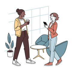 Flat vector illustration of two colleagues chatting in an office lounge 