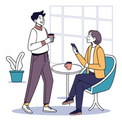 Flat vector illustration of two colleagues chatting in an office lounge.eps