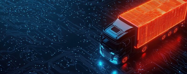 futuristic truck illuminated with bright lights, set against a dark, circuit-like background, symbolizing technology and innovation in transportation.