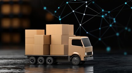 miniature delivery truck loaded with cardboard boxes, set against a digital network background, symbolizing logistics and e-commerce.
