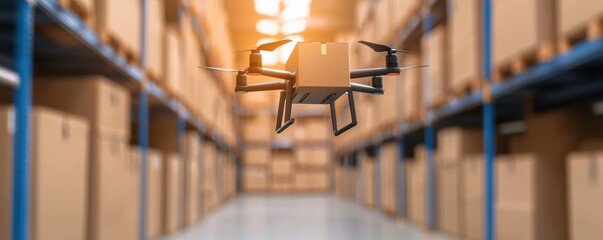 drone delivers a package in a warehouse filled with stacked boxes, showcasing advanced technology in logistics and automation.