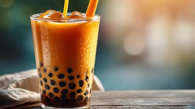 Refreshing Iced Beverage in Transparent Glass with Tapioca Pearls