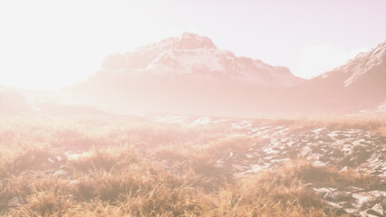 Fototapeta premium Bright sunlight washes over rugged mountains, illuminating the landscape. Golden grass sways gently in the breeze, creating a serene atmosphere in the early morning light.