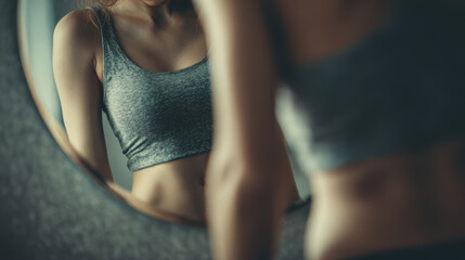 Fitness woman mirror reflection, sport bra, toned stomach, slim body, indoor moody lighting, self care concept, contemplation mood