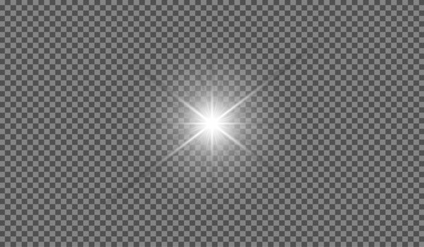 Realistic white lens flare light effect isolated on transparent background with glowing rays
