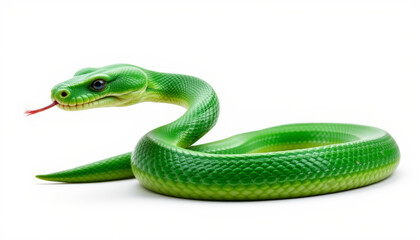 Obraz premium Green snake reptile venomous predator coil white background closeup tongue
