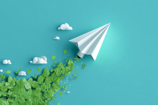 Paper plane eco green sustainability leaves cloud blue nature concept creative paper plane eco green sustainability leaves cloud blue nature
