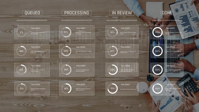 Engaging project management dashboard showcasing ongoing task progress and collaborative efforts among team members in a modern workspace environment. Raster
