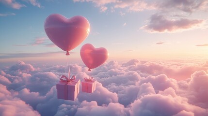 Fototapeta premium A Box flying on a parachute with pink cloud in valentine day,package flying down from sky and cloud with parachute, concept for delivery service,shopping online,air delivery service.