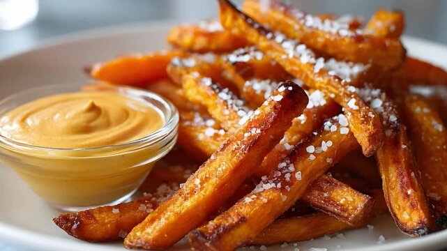 Crispy Sweet Potato Fries with Dipping Sauce on a White Plate