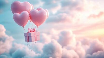 Fototapeta premium A Box flying on a parachute with pink cloud in valentine day,package flying down from sky and cloud with parachute, concept for delivery service,shopping online,air delivery service.