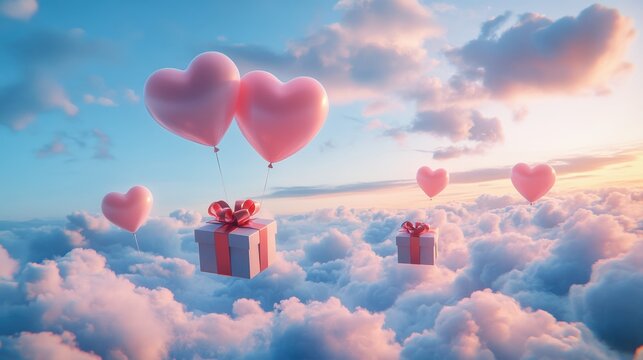 A Box flying on a parachute with pink cloud in valentine day,package flying down from sky and cloud with parachute, concept for delivery service,shopping online,air delivery service.