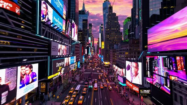 Aerial video of a bustling cityscape at sunset, showcasing vibrant billboards and traffic. The high-angle view captures urban energy and colorful skies.