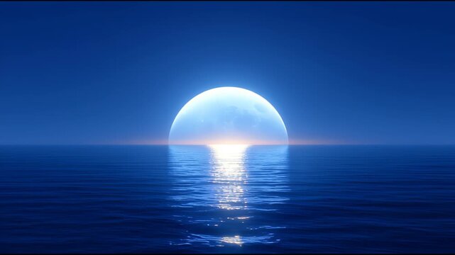 Cinematic Rippling Blue Ocean Under Glowing Crescent Moon, Serene Night Sea Motion Background, Seamless Loop