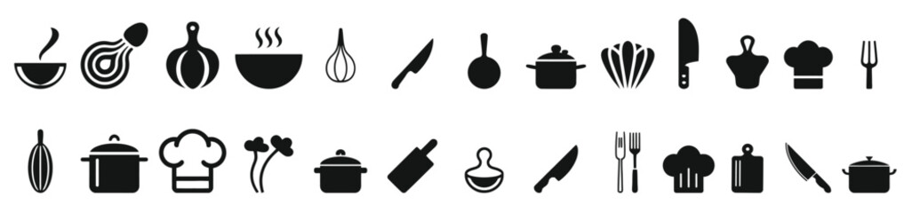 Set of black chef and cooking icons showing a cook, uniform, kitchen utensils, and food service elements for the restaurant industry, presented in a simple glyph style  vector illustration. © Hmaid
