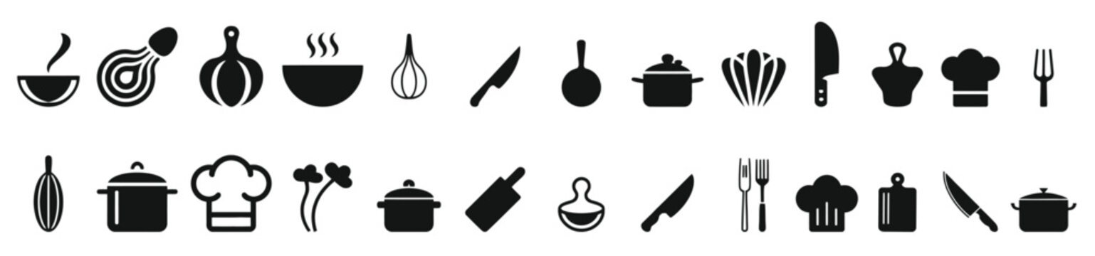 Set of black chef and cooking icons showing a cook, uniform, kitchen utensils, and food service elements for the restaurant industry, presented in a simple glyph style  vector illustration.