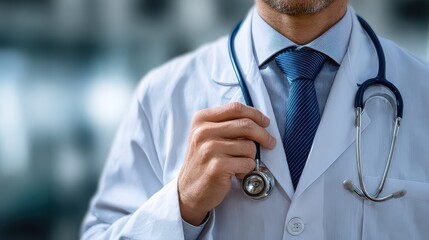 Doctor stands in a hospital holding a stethoscope while preparing for a patient visit during a workday in a medical facility setting