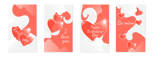 A set of Valentine's Day cards. Modern design with hearts, clouds, and abstract elements. Templates for advertising, covers, banners, and posters. Vector.