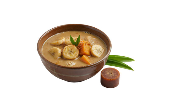 Delightful Banana with Palm Sugar, a Traditional Indonesian Culinary Treat known as Kolak Pisang. Isolated on a White Background

