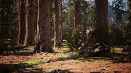 Tall trees rise majestically in a vibrant forest scene, with sunlight filtering through the leaves. Moss clings to fallen logs on the forest floor, creating a tranquil atmosphere.