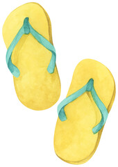 Watercolor Flip-Flops, Summer Slippers Sandals, Beachwear Footwear Fashion, Cute Shoes Pair, Tropical Weather Sea Vacation Outdoor Walk.