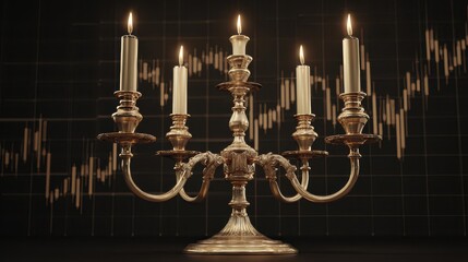 Candle holder with five candles against a background of financial charts and data during evening hours