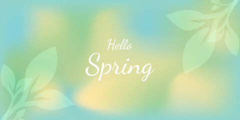 Spring banner. Hello spring. Silhouettes of young leaves on a blurred background. Spring card with greenery for web design. Vector.
