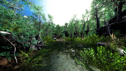 Fototapeta premium A peaceful scene showcases a lush forest surrounding a calm pond. Sunlight filters through the trees, creating a soothing atmosphere filled with vibrant plants and gentle ripples.