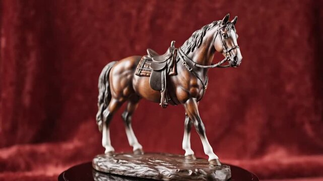 Exquisite horse statue detailed with saddle and bridle, standing on a textured base against a dark red backdrop