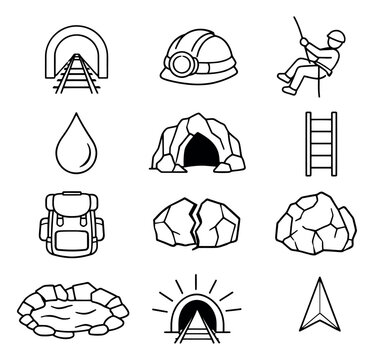 Hand drawn line art mining and cave exploration icon set featuring tunnels, helmets, an explorer, and rocks for adventure and geology