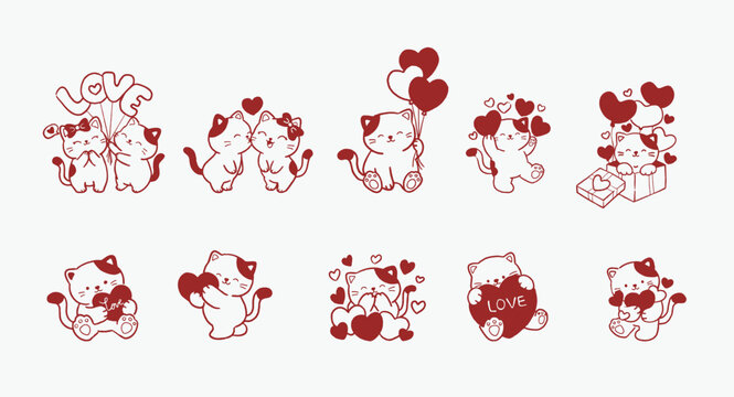adorable valentine cats set with heart balloons, gifts and romantic poses in red line art style for love and celebration illustrations