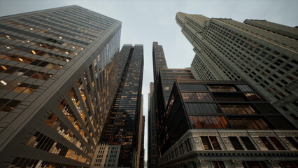 Naklejka premium As dusk settles over the city, the towering skyscrapers rise against a fading sky. Windows glimmer with life, showcasing the vibrancy of urban streets below.