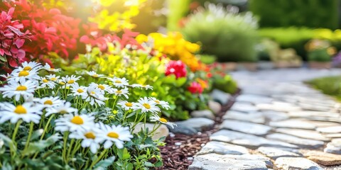 白い花と石畳の道