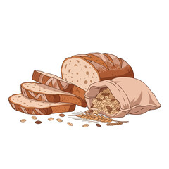 Obraz premium Artisan Bread Loaf Sliced with Wheat Grains and Sack - Healthy Food Illustration