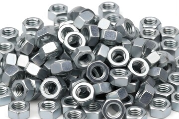 Heap of Steel Hexagonal Nuts for Industrial Hardware Background