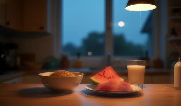 A cozy kitchen breakfast setup shows sunlight curling over juice, bread, and a coffee cup; warm tones, rustic table, and soft bokeh create a welcoming morning ritual, 4K and HD Video