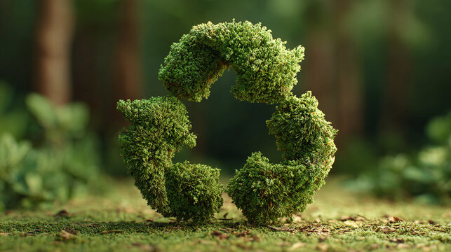 A verdant recycling symbol composed of flourishing foliage situated in a forest environment. The visual represents an emblematic concept of environmental sustainability
