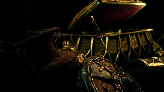 Intriguing artifacts are revealed in a dark setting, featuring an ornate chest, old pottery, and a decorative shield. The scene evokes a sense of adventure and history waiting to be explored.